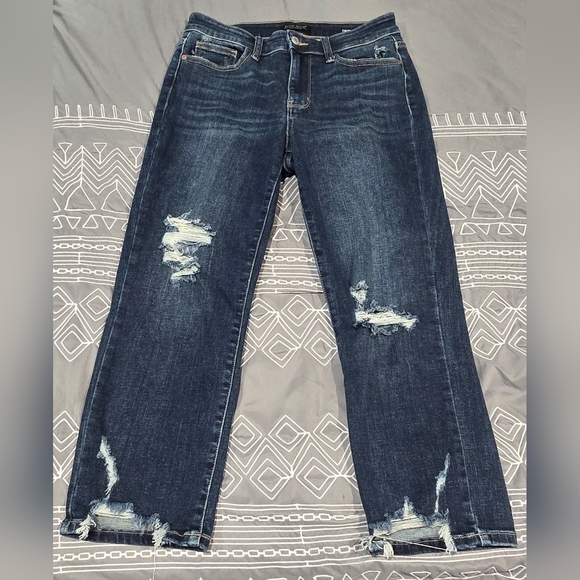 Judy Blue Midrise Distressed Cropped Straight Leg Jeans Size 5/27 - Picture 8 of 9